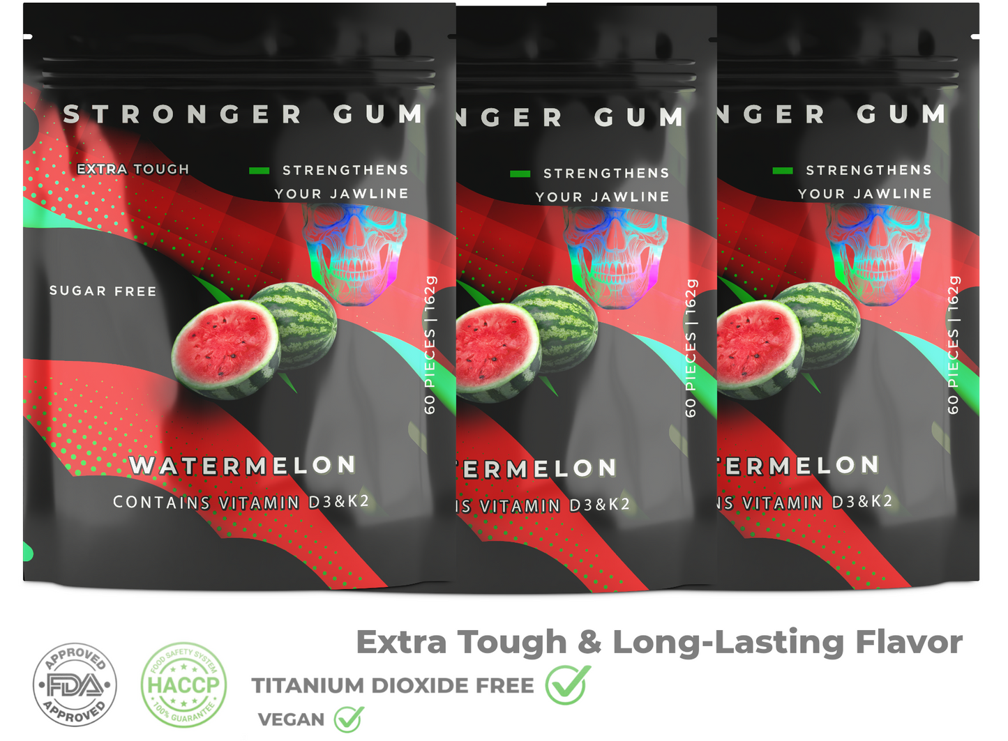 Stronger Gum EXTRA STARK | Wassermelone, Zuckerfrei, 60 Stück (162g) - Bester Kaugummi für die Jawline