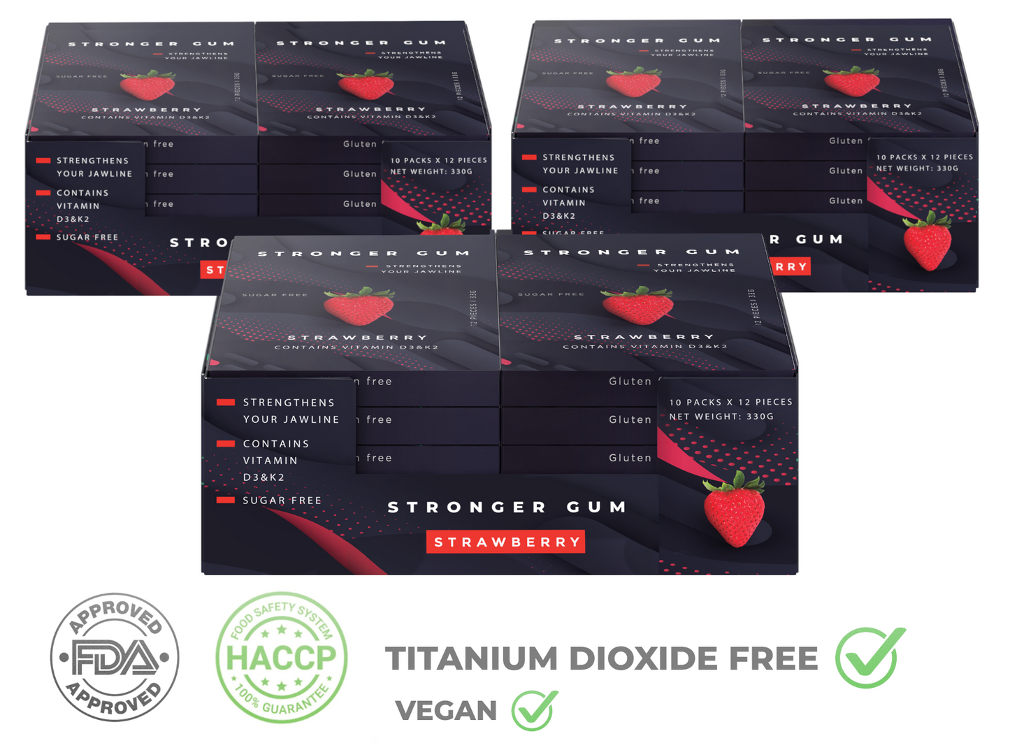 Stronger Gum für die Jawline | Erdbeere, Zuckerfrei, 120 Stück (330g) - Bester Kaugummi für die Jawline