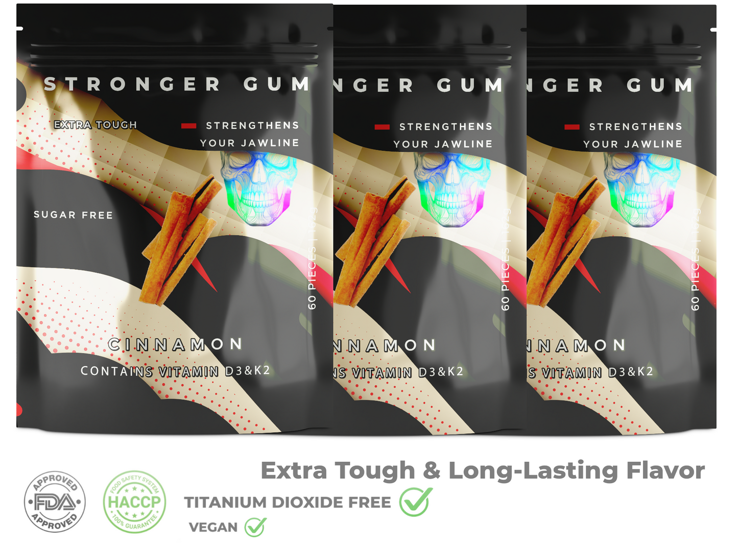 Stronger Gum EXTRA STARK | Zimt, Zuckerfrei, 60 Stück (162g) - Bester Kaugummi für die Jawline