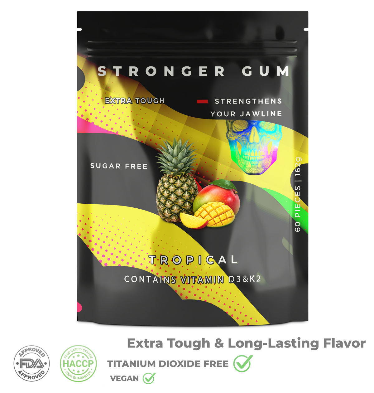 Stronger Gum Extra Tough: Tropical Sugar Free, 60 Pieces (162g) - Hard Gum | Optimal Shore Rigidity for Jaw Growth